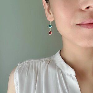 Teal Blue & Red Teardrop Earrings With Gold Plated Over Siver Ear Wires